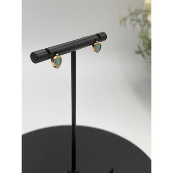 14k Yellow 535 Gold Bezel Set Blue Cats Eye Heart Dainty Small Stud Earrings - Picture 11 of 12